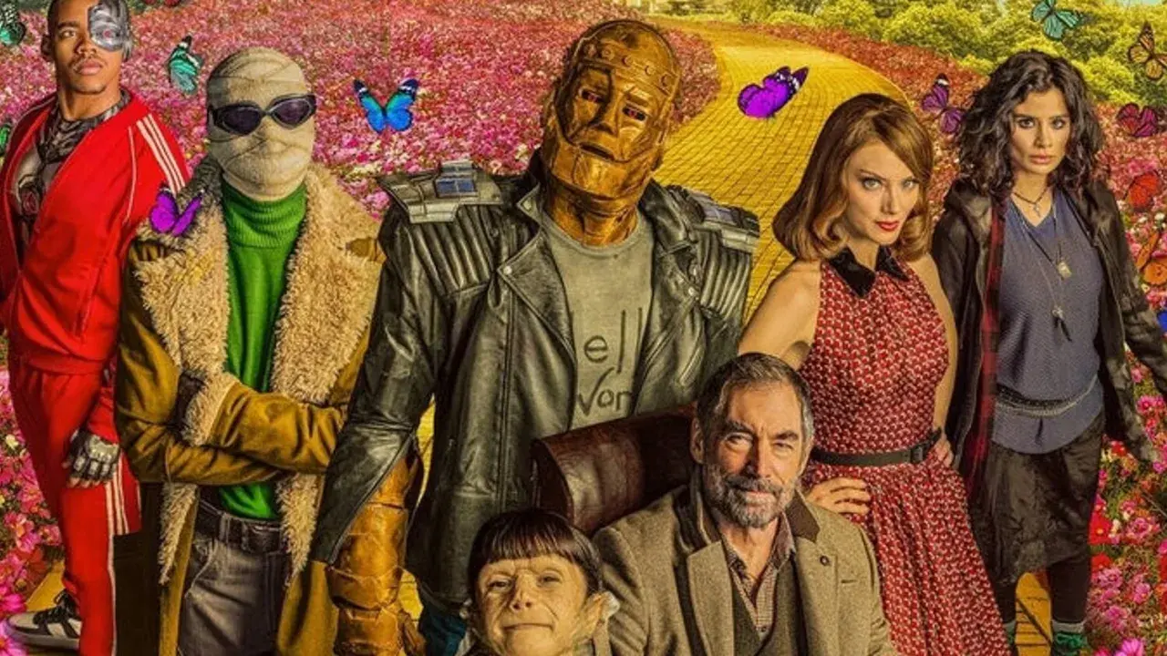 Cała obsada Doom Patrol w barwnym, bajkowym otoczeniu.