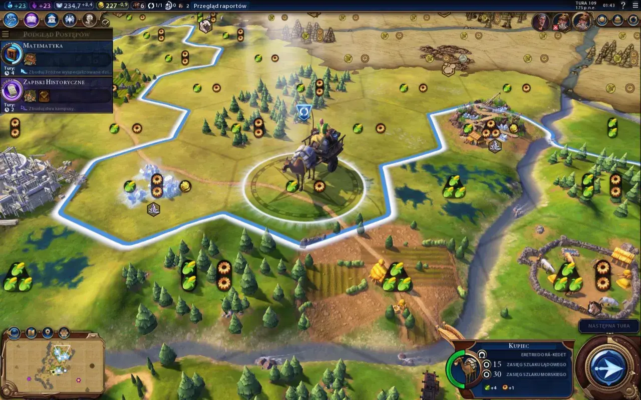 Gra Civilization VI: poradnik. Widać postęp w rozwoju technologii i budowie kampusu. Wóz z kupcem rusza w drogę.