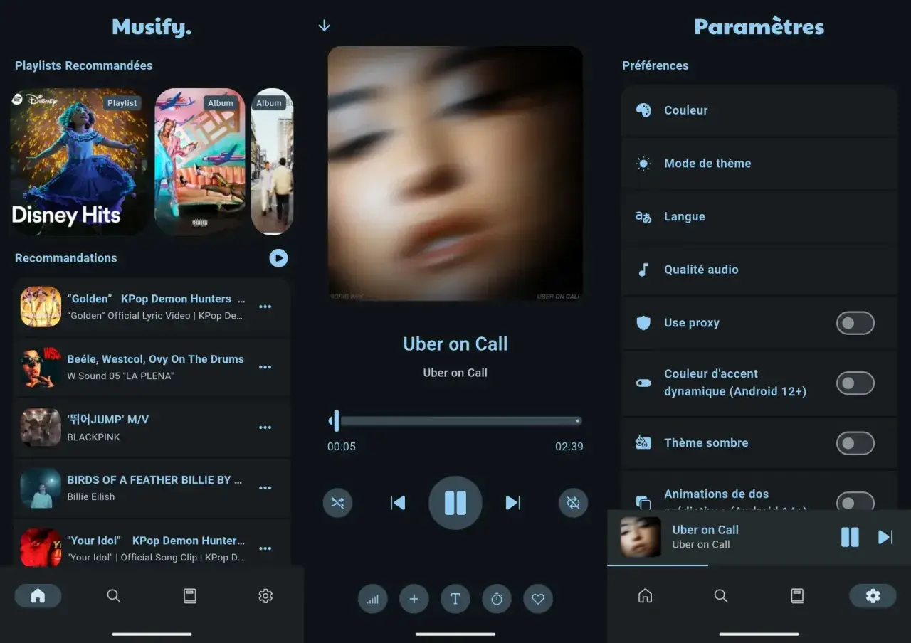 L'application Musify, une plateforme de musique open source, affiche des playlists recommandées, des suggestions de titres et les paramètres de l'application.