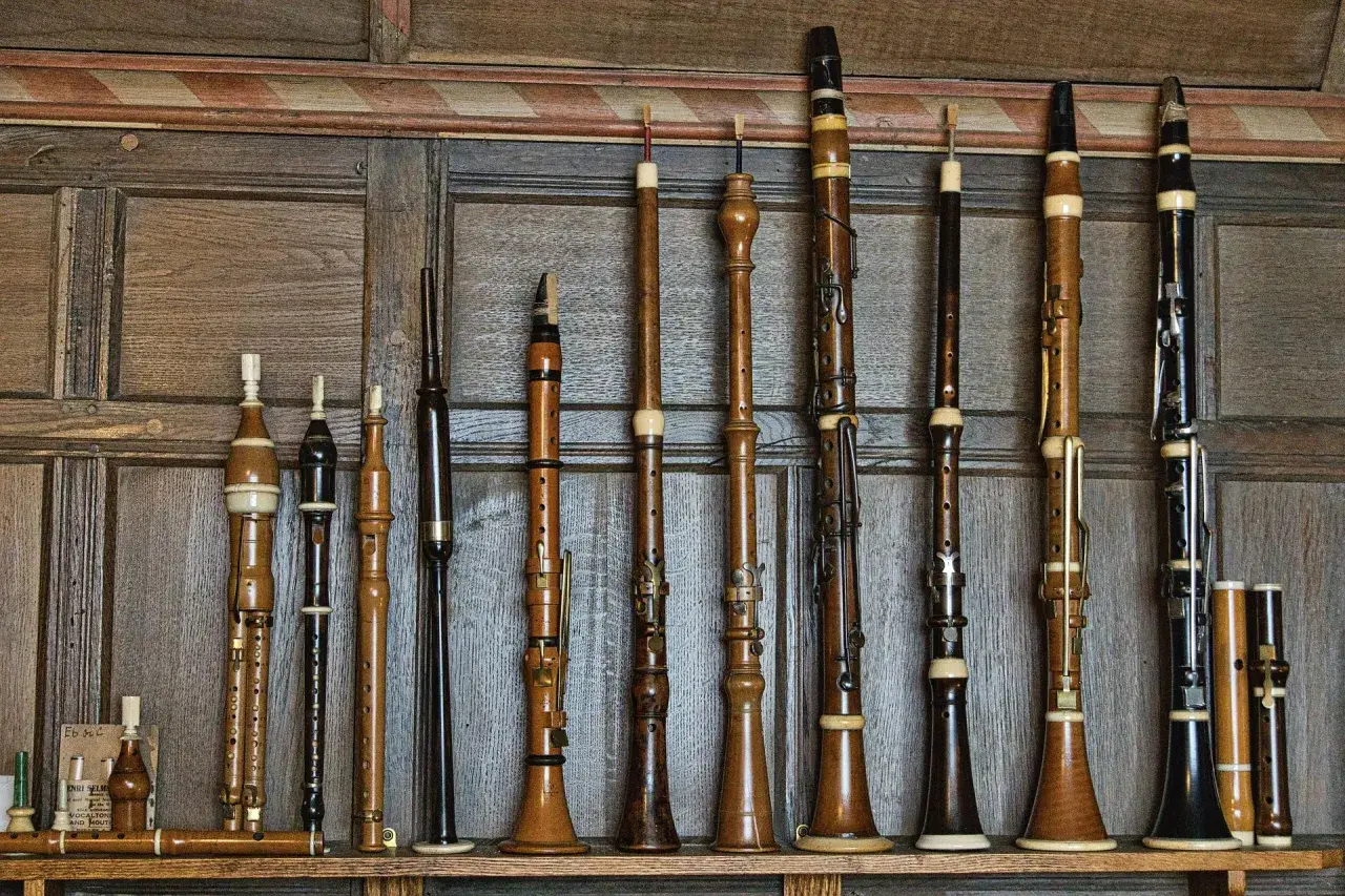 Collection d'instruments à vent anciens en bois, dont des flûtes, des hautbois et des clarinettes, alignés sur une étagère.