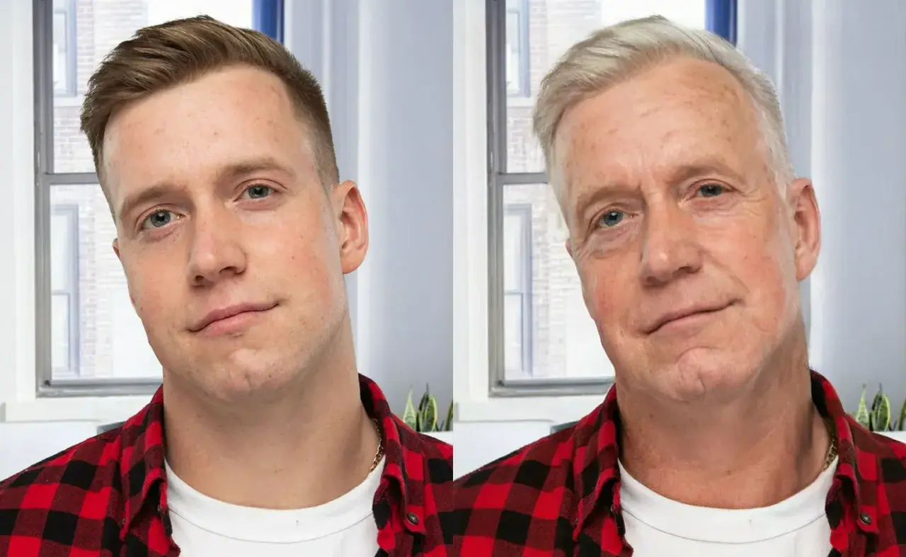 Młody mężczyzna i jego starsza wersja dzięki FaceApp za darmo. Zobacz, jak zmienisz się z wiekiem!