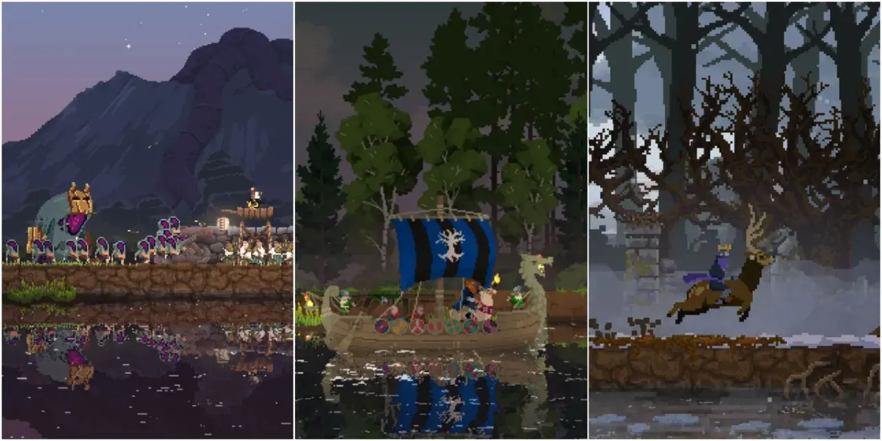 Obrazki z gry Kingdom Two Crowns. Poradnik pokazuje różne sceny: potwora i armię, łódź wikingów i króla na łosiu.
