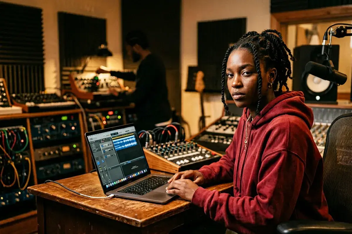 Jeune femme dans un studio d'enregistrement, travaillant sur un ordinateur portable affichant une piste audio. Elle finalise son contrat de distribution musique.