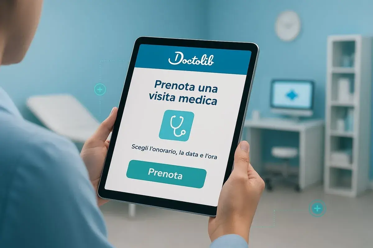 Una persona usa un tablet per prenotare una visita medica tramite Doctolib. L'app mostra "Prenota una visita medica" e un pulsante "Prenota".