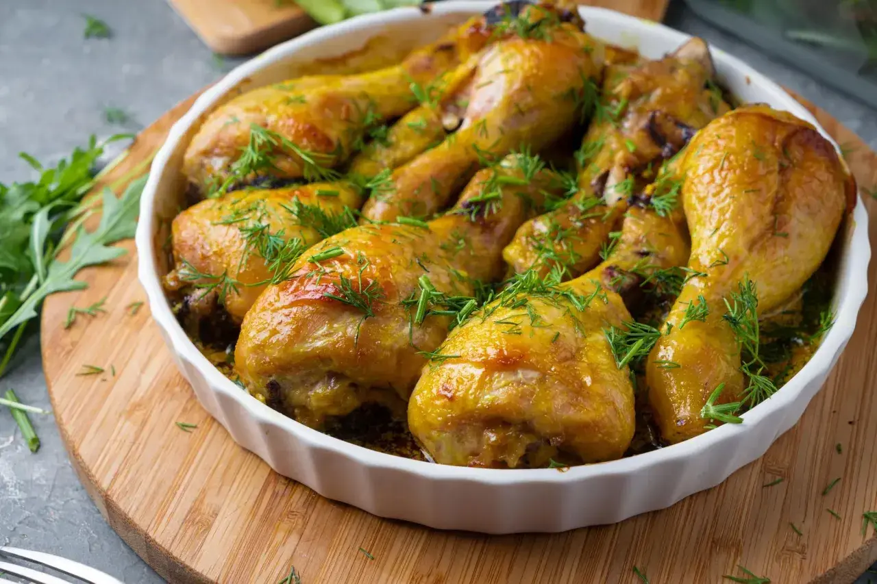 Un plat de poulet à l'estragon doré et savoureux, garni d'herbes fraîches.