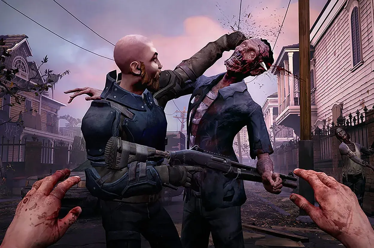 Intensywna walka w grach o zombie. Gracz walczy z potworem, który ma rozszarpaną głowę. W tle widać inne zombie i zniszczone domy.