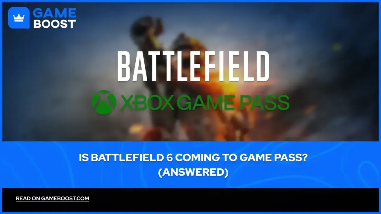 Grafika z napisem "Battlefield" i logo Xbox Game Pass. Czy Battlefield 6 trafi do Game Pass? Odpowiedź na GameBoost.com.
