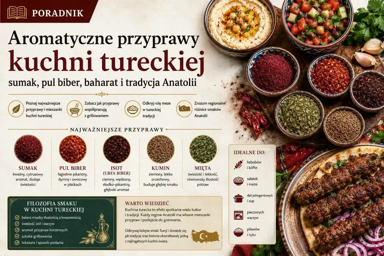 Miseczki z przyprawami: sumak, pul biber, isot, kumin, mięta, obok hummus i sałatka.