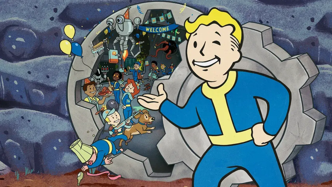 Vault Boy zaprasza do radosnej imprezy w świecie Fallout 76, gdzie gracze z różnych platform mogą wspólnie bawić się dzięki **fallout 76 crossplay**.