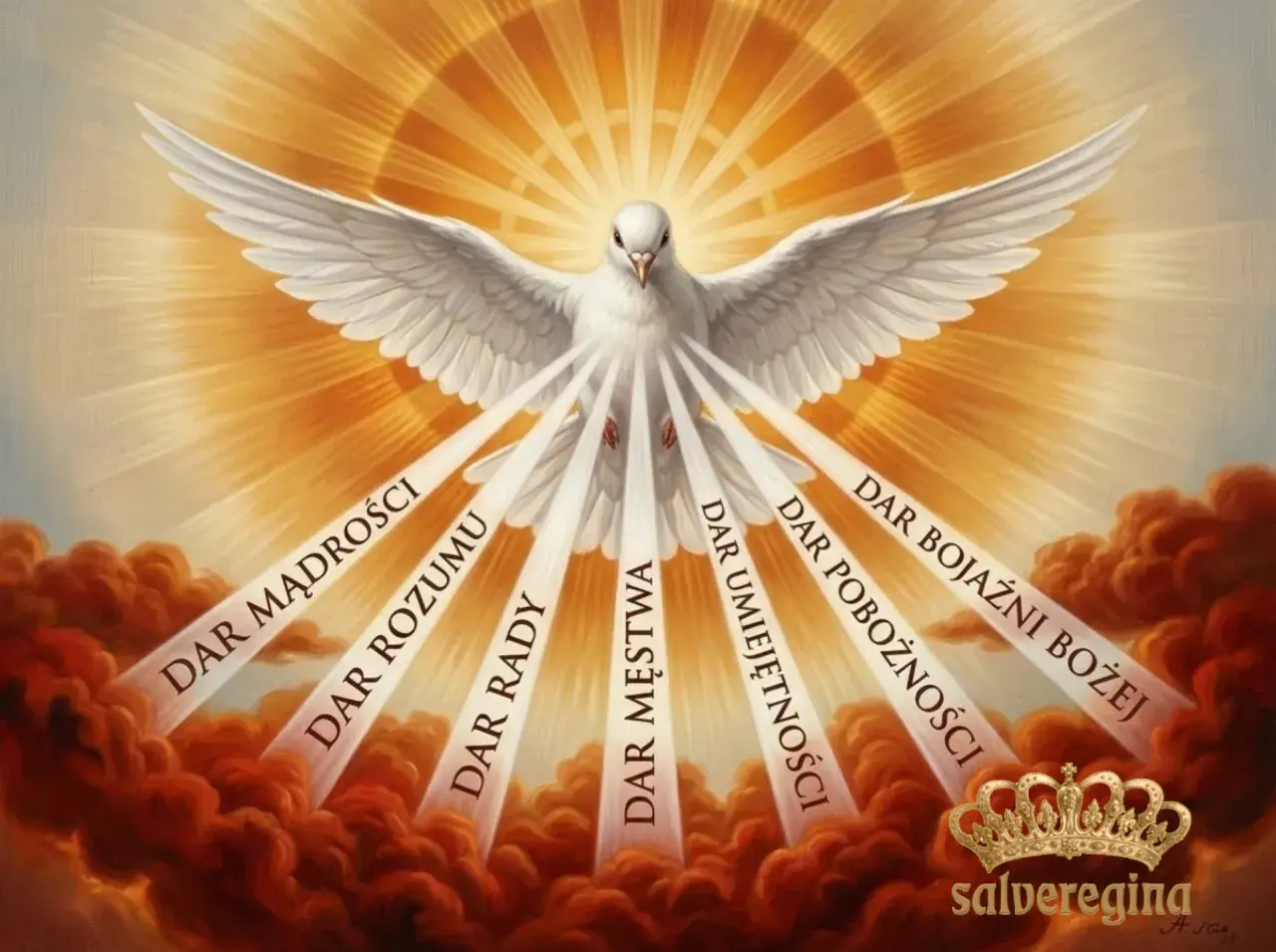 Biały gołąb z rozpostartymi skrzydłami, z którego wychodzą promienie światła z darami Ducha Świętego. To obraz amazing grace.