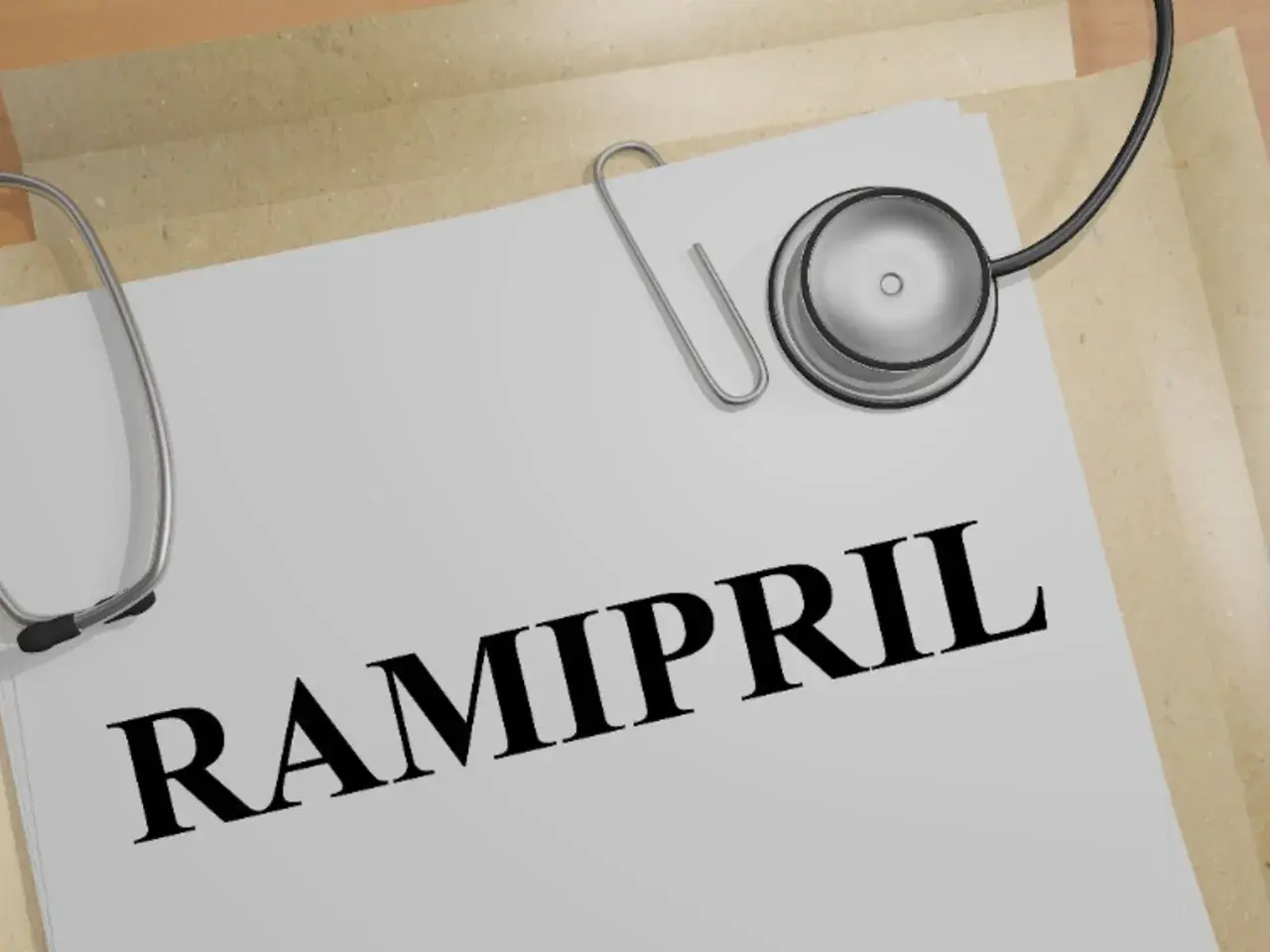 Stetoskop na papierze z napisem RAMIPRIL. Dokument medyczny, recepta.