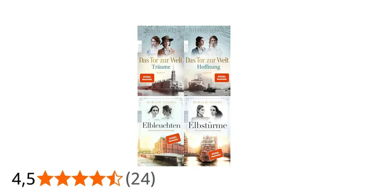 Vier Buchcover von Miriam Georg: "Das Tor zur Welt: Träume" und "Hoffnung", sowie "Elbleuchten" und "Elbstürme".