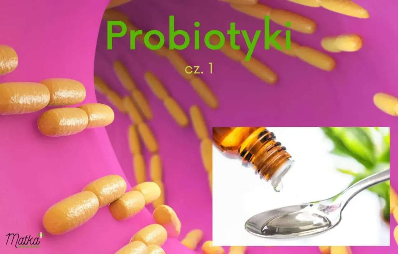 Probiotyk dla noworodka w kroplach. W tle bakterie probiotyczne.