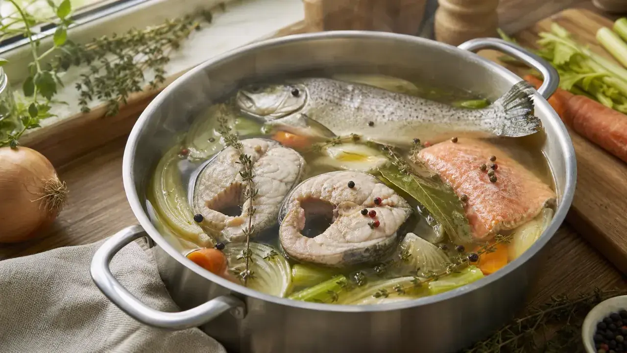 Un poisson entier et des darnes de poisson cuisent dans un court-bouillon avec des légumes et des herbes.