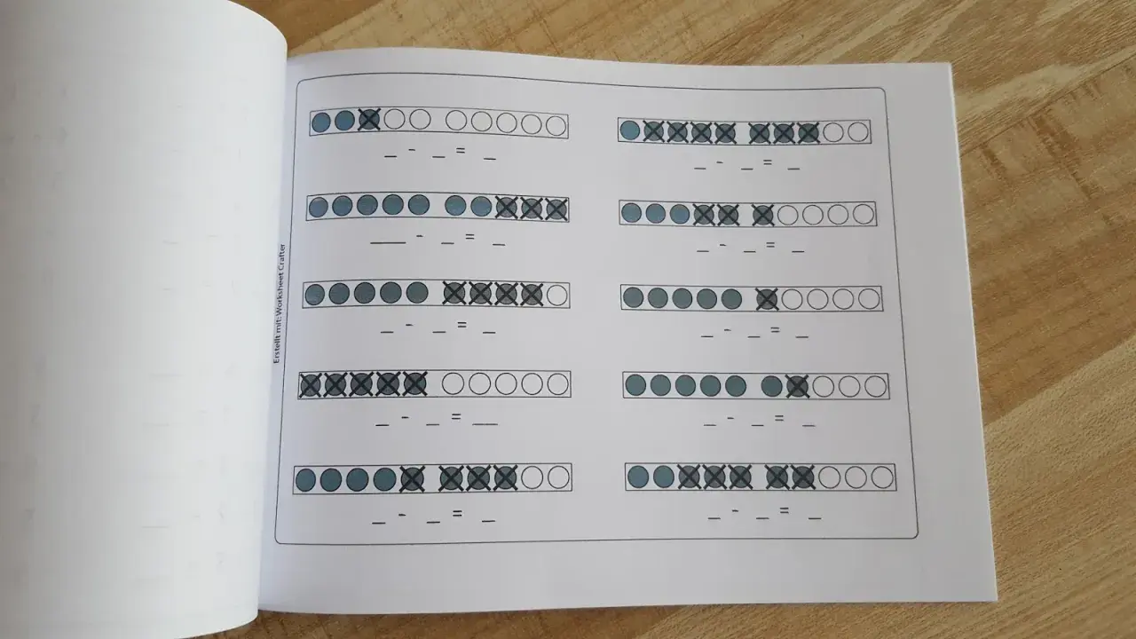 Übungsblatt zum Minus rechnen bis 10 mit Kreisen, die teilweise durchgestrichen sind.