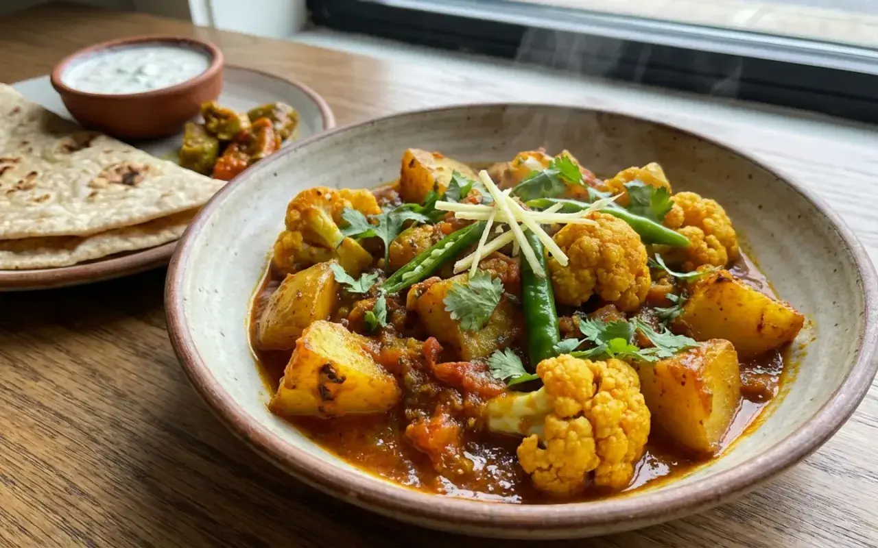 En smakrik aloo gobi med potatis och blomkål i en kryddig sås, serverad med naanbröd och raita.