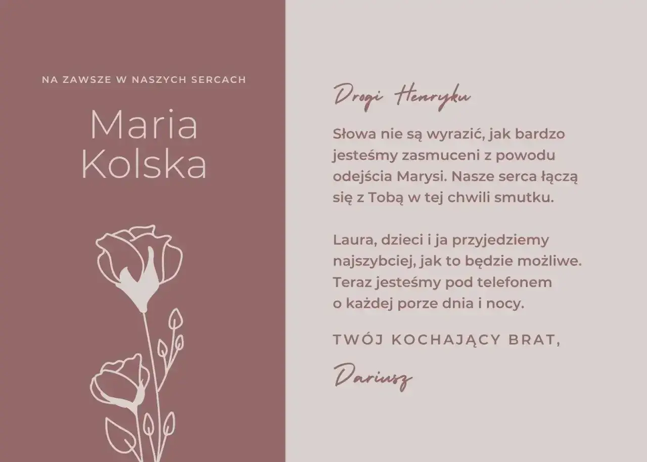 Wzór kondolencji dla Henryka po stracie Marysi. Darius zapewnia o wsparciu i gotowości do pomocy.
