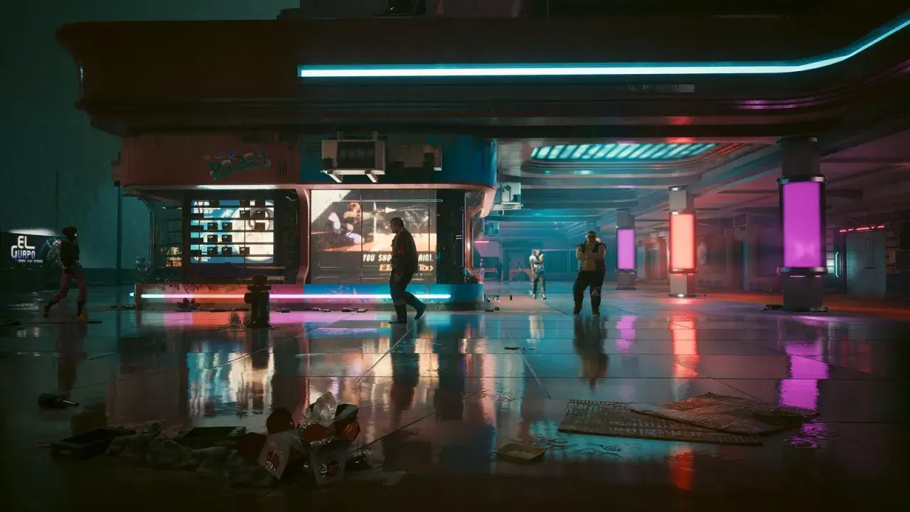 Deszczowa noc w cyberpunkowym mieście. Neonowe światła odbijają się w mokrej posadzce, tworząc atmosferę jak z **domu lalek cyberpunk**.