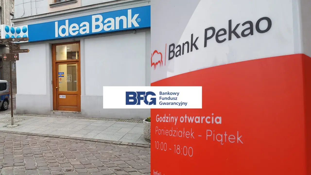 Bank Pekao i Idea Bank obok siebie. Na czerwonym słupie godziny otwarcia: poniedziałek-piątek 10:00-18:00.