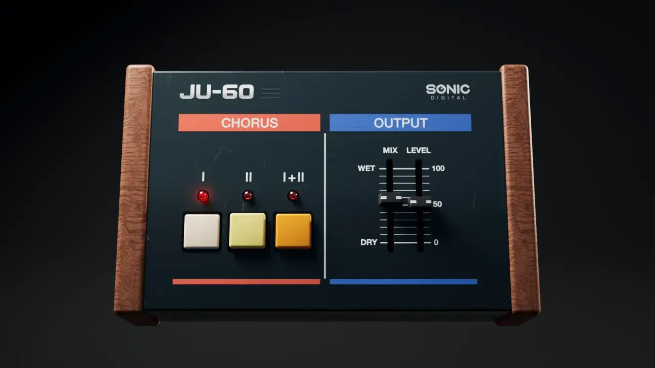 A vintage-style JU-60 chorus effect unit, reminiscent of a free Juno VST, with wooden casing and illuminated buttons.