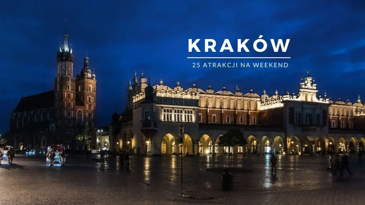 Nocny Rynek Główny w Krakowie, z Sukiennicami i Kościołem Mariackim w tle. Idealne miejsce na weekendowe wydarzenia.