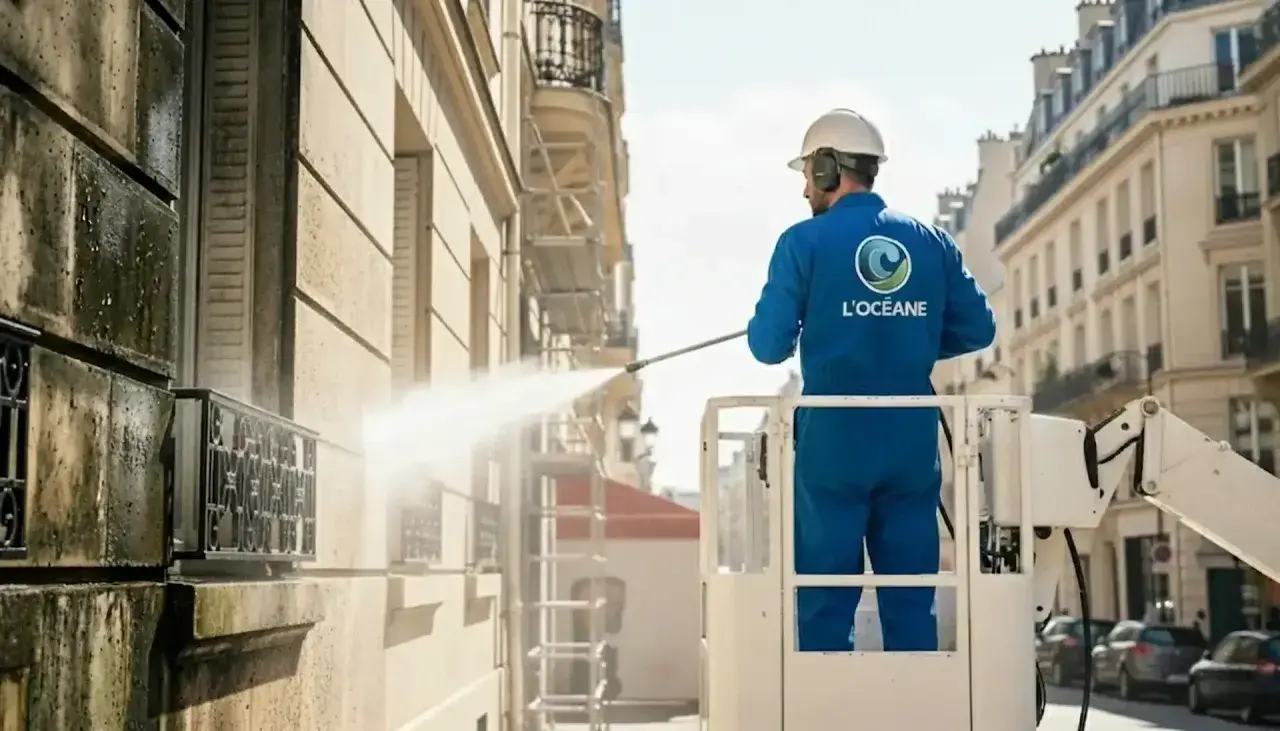 Un ouvrier en nacelle effectue le nettoyage mur extérieur d'un immeuble parisien avec un nettoyeur haute pression.