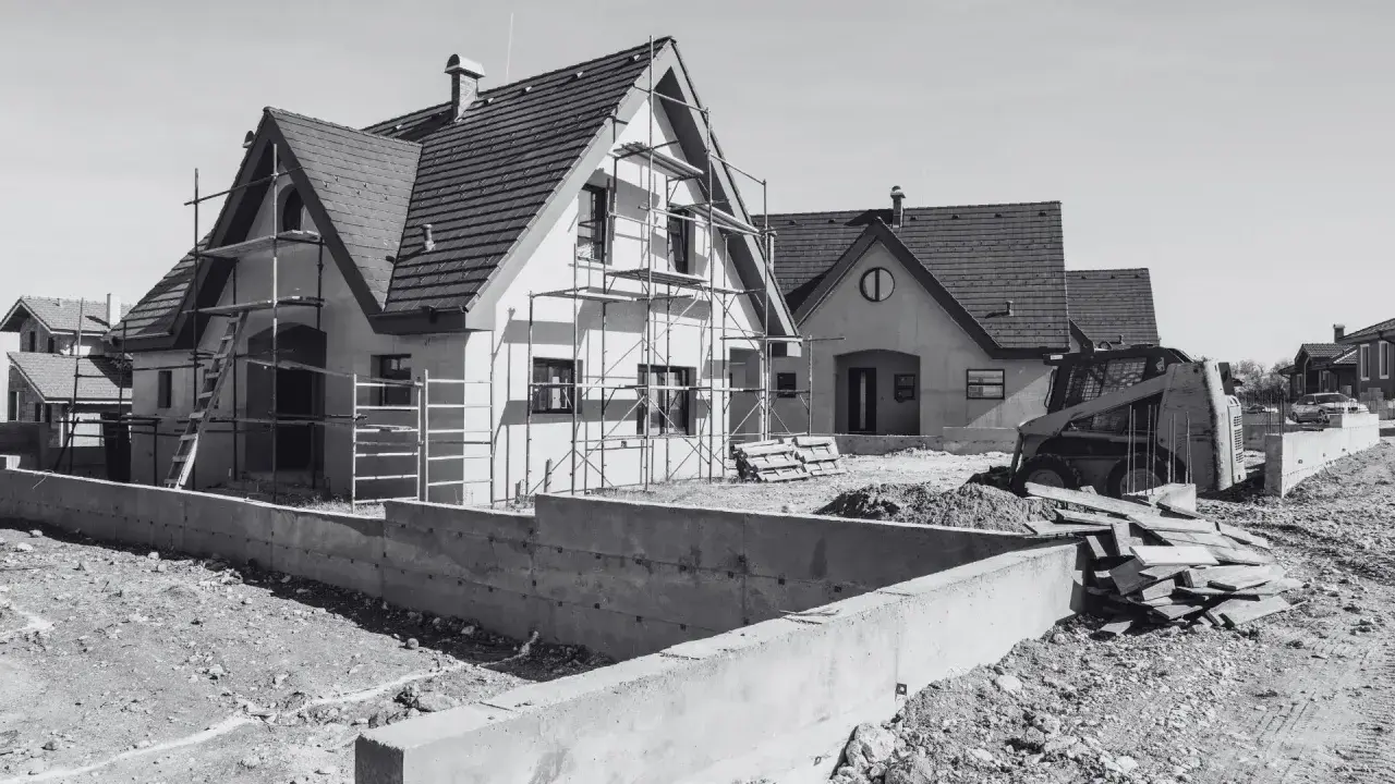 Budowa domów w toku. Scena pokazuje postęp prac, jak przenieść pozwolenie na budowę, gdy domy są w stanie surowym, z rusztowaniami i koparką.