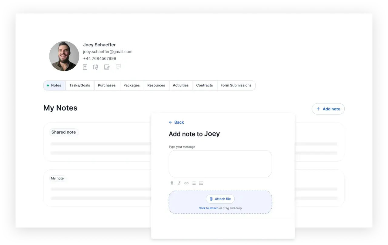 Adding a note to Joey's coaching report. The interface shows a user profile and a section for notes.