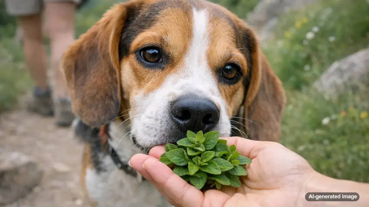 A beagle sniffs a sprig of oregano held in a hand. Curious about is oregano safe for dogs, this pup investigates the herb.