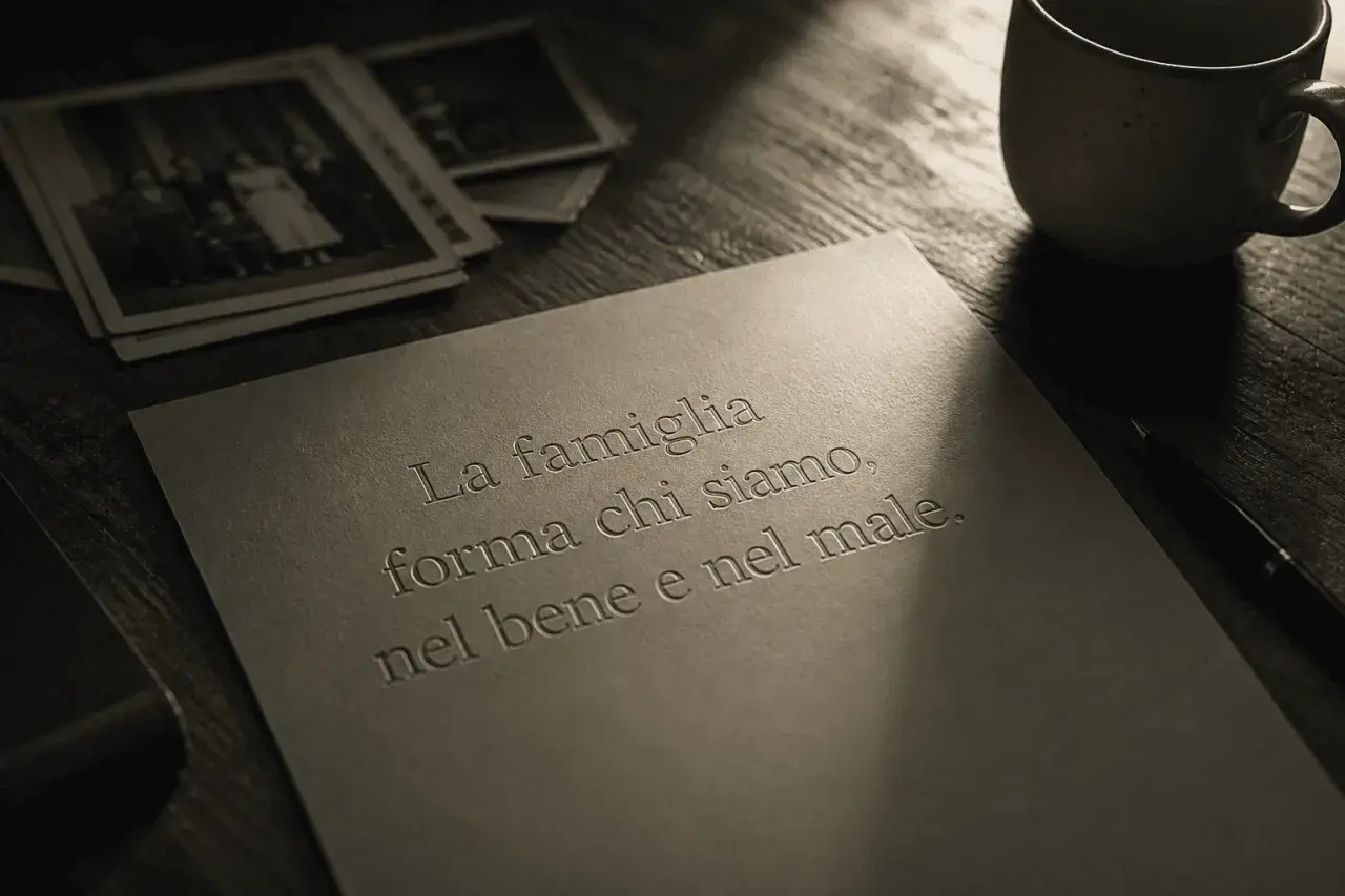 Vecchie foto di famiglia, una tazza e una penna su un tavolo. La frase "La famiglia forma chi siamo, nel bene e nel male" evoca ricordi, anche quando i figli ti feriscono.