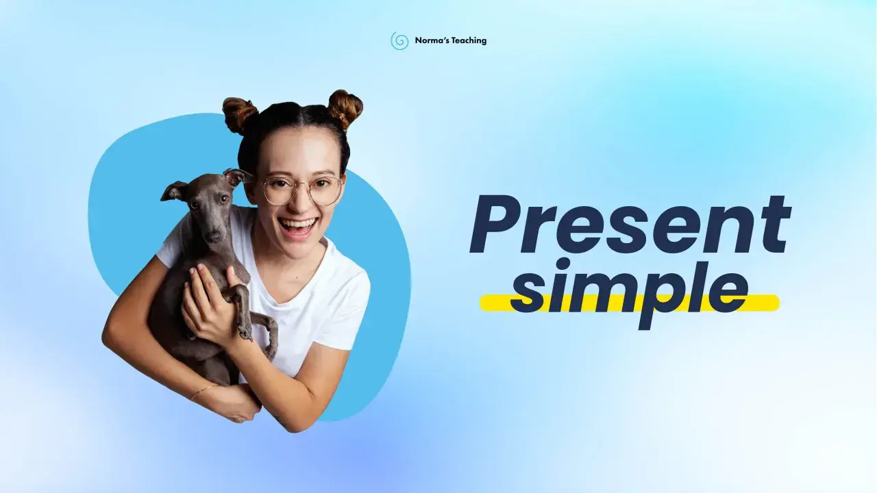 Ragazza sorridente con un levriero. Il testo "Present simple" appare in grande.