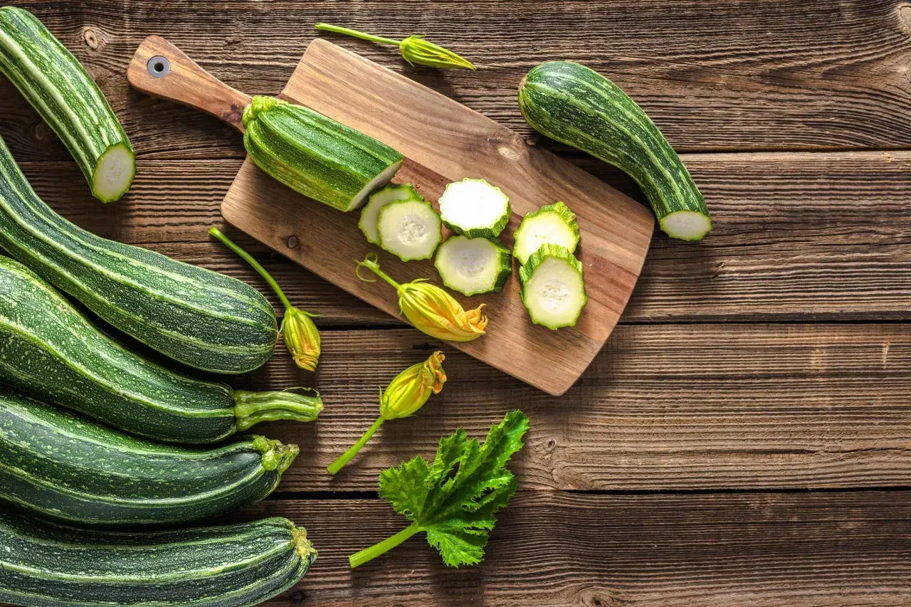 Frische Zucchini, einige roh geschnitten, liegen auf einem Holzbrett. Perfekt, um Zucchini roh zu essen!