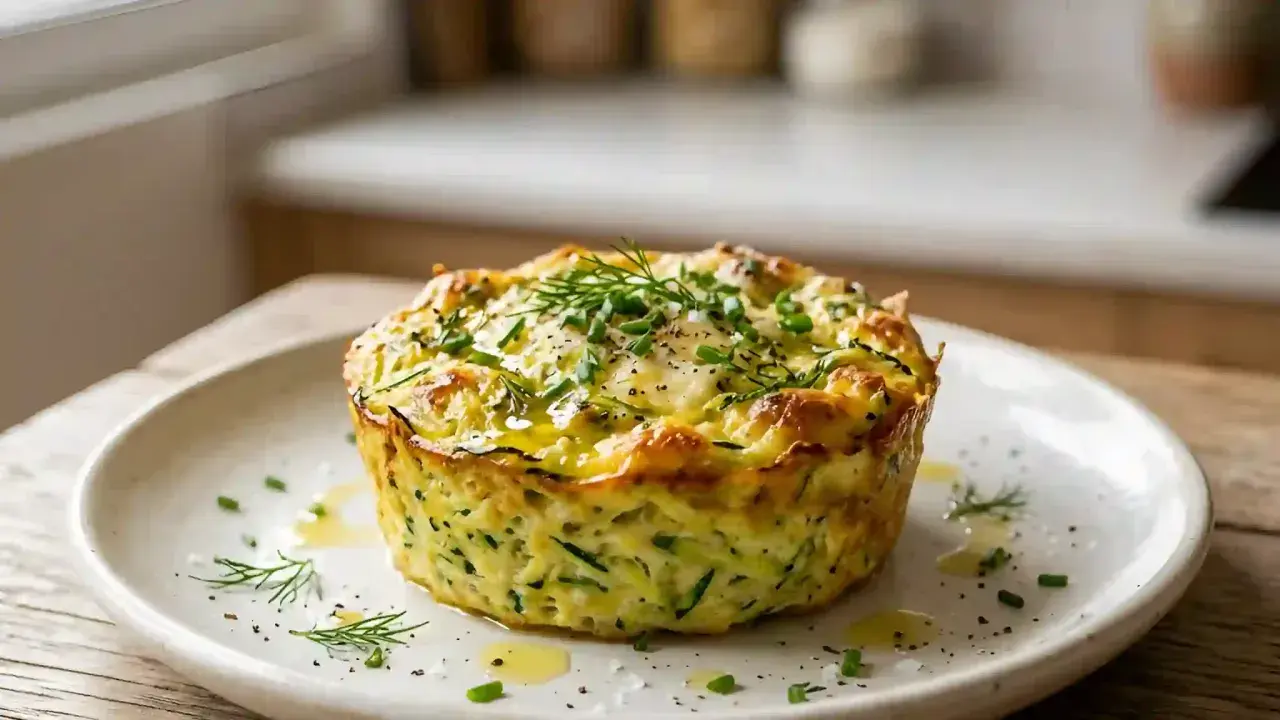Un délicieux flan de courgettes, doré et garni d'herbes fraîches, servi sur une assiette blanche.
