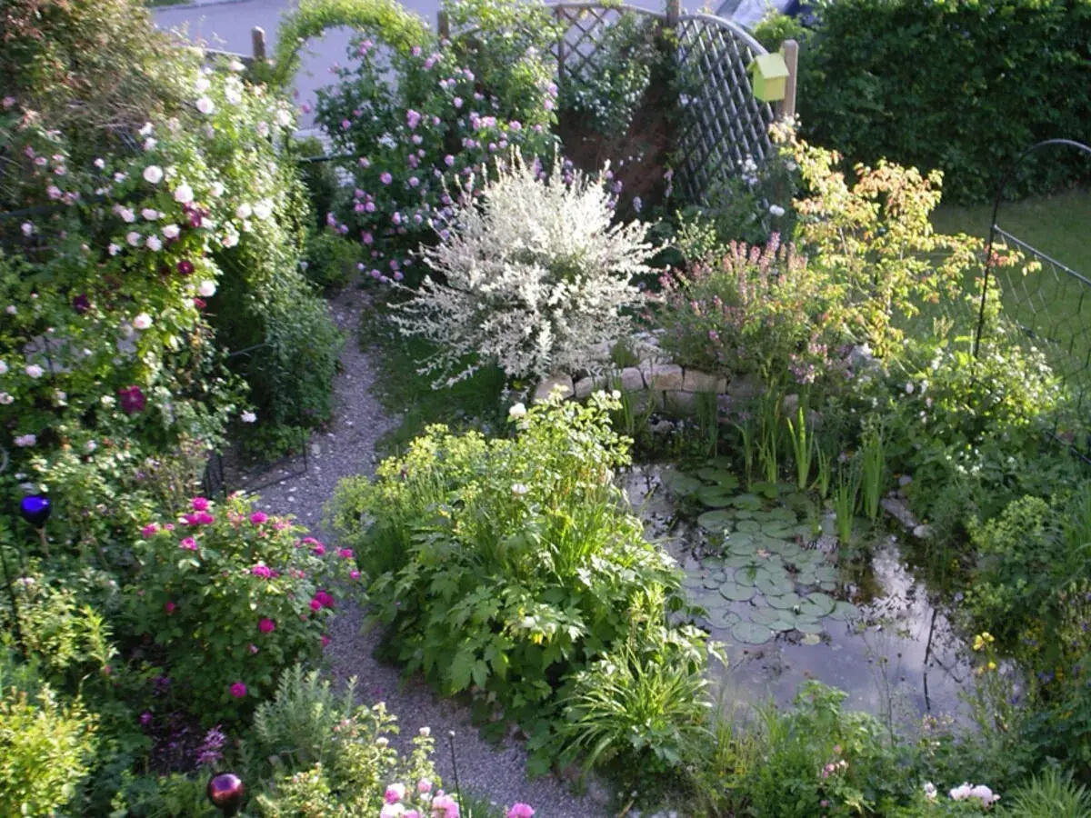 Ein üppiger, kleiner Garten mit Rosenbögen, einem Teich und einem Kiesweg.