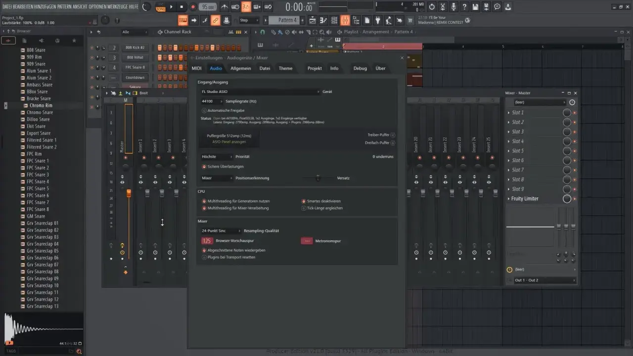 FL Studio mit geöffnetem Audiogeräte-Menü, das die Einstellungen für die software audio interface zeigt.
