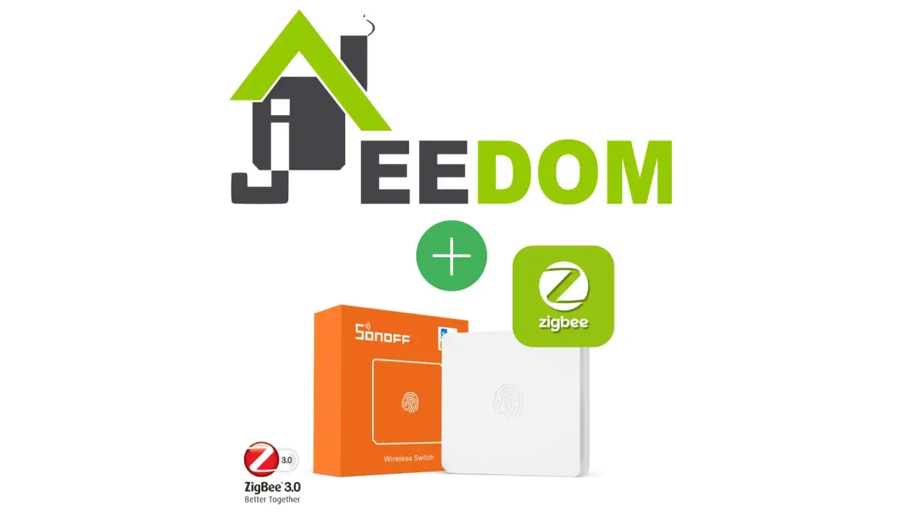 Le logo Jeedom s'associe à un interrupteur sans fil Sonoff Zigbee 3.0 pour une maison connectée.