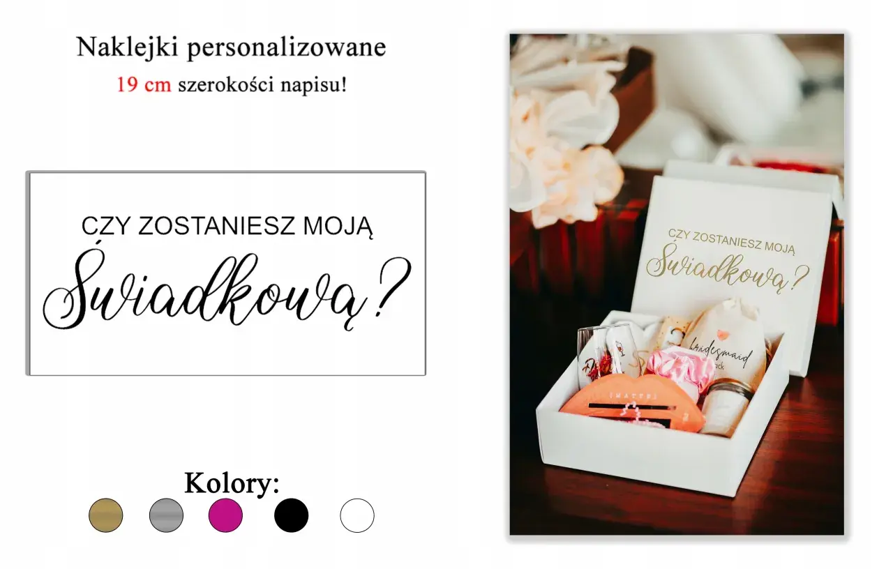 Złota naklejka z napisem "Czy zostaniesz moją świadkową?" na białym tle i w pudełku prezentowym.