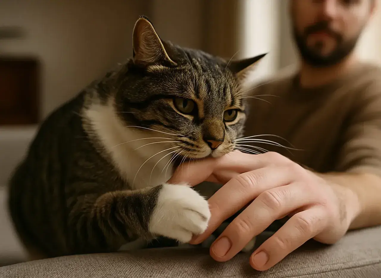 Gato atigrado muerde suavemente la mano de un hombre. Quizás se pregunta porque mi gato me muerde.