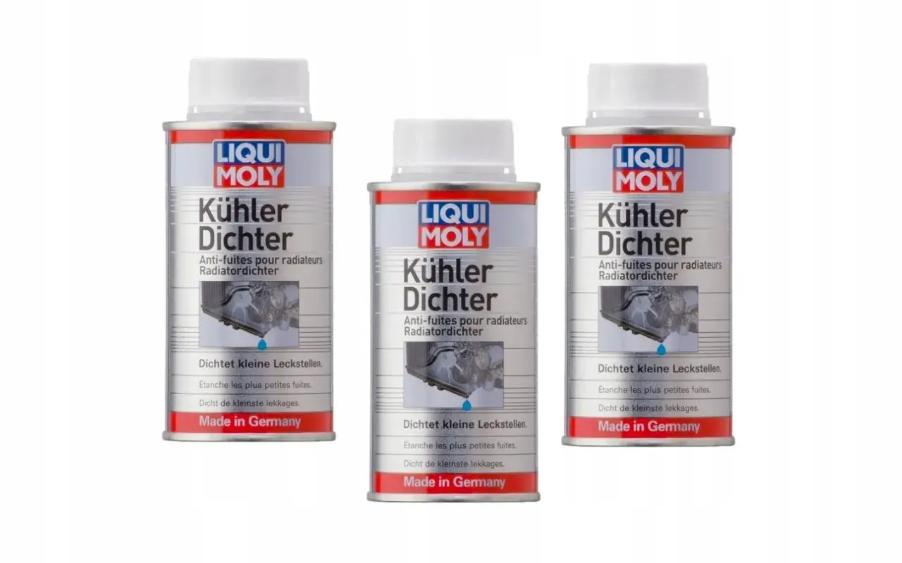 Trzy puszki uszczelniacza do chłodnic Liqui Moly, które skutecznie uszczelniają drobne wycieki w układzie chłodzenia.