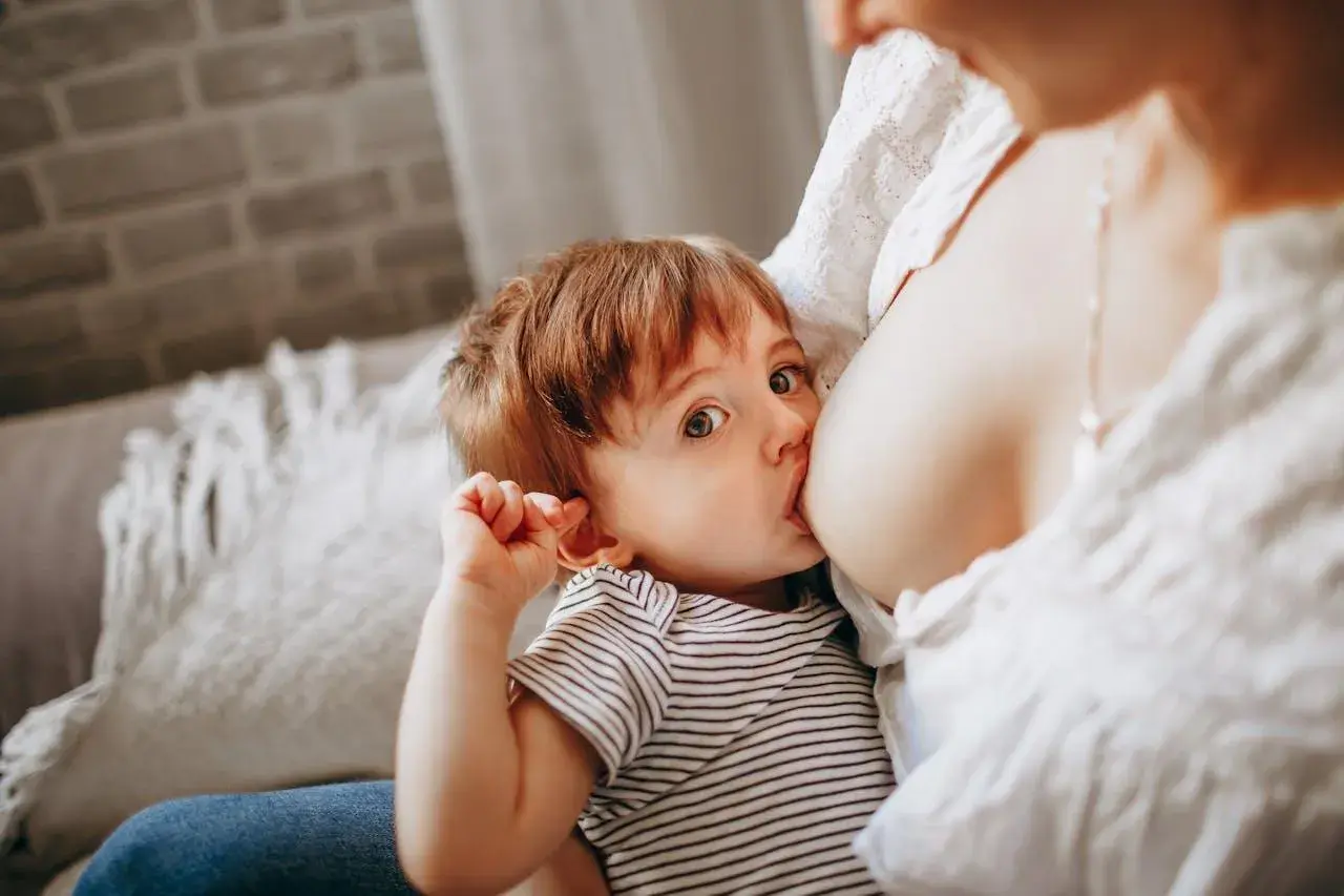 Un bimbo con occhi grandi e curiosi viene allattato dalla mamma. Un momento intimo, un gesto naturale, un esempio di allattare in pubblico senza timori.