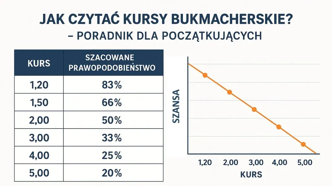 Tabela i wykres wyjaśniają, co to jest kurs bukmacherski i jak wpływa na szanse wygranej. Poradnik dla początkujących.