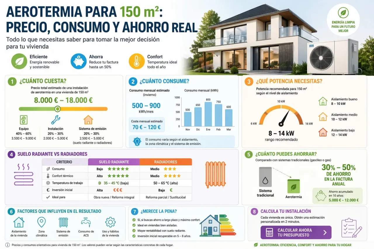 Infografía sobre aerotermia para 150 m², comparando costes, consumo y ahorro. Destaca el suelo radiante como opción eficiente.