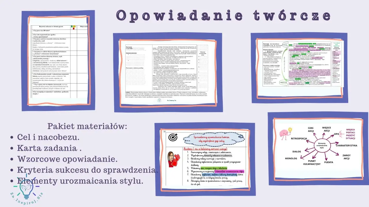 Zestaw materiałów do pisania opowiadań: schematy, listy kontrolne, przykłady i diagramy elementów stylu.