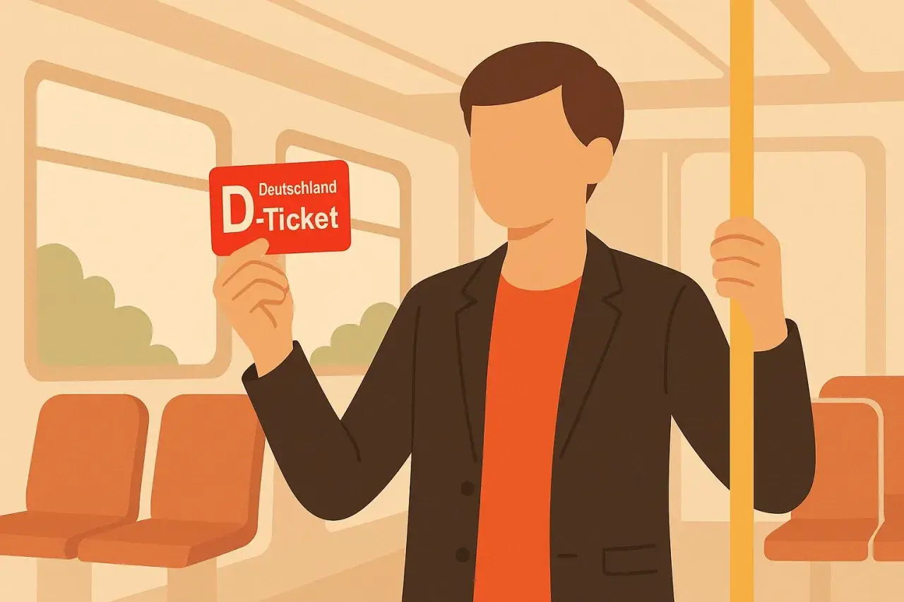 Mann hält personalisiertes Deutschlandticket in der Hand, bereit für die Fahrt im Zug.