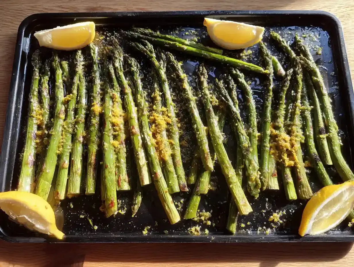 Ugnsbakad sparris med citron och kryddor på en plåt. Perfekt som tillbehör till middagen.