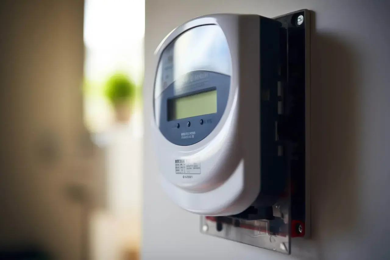 Un medidor inteligente, también conocido como smart meter, instalado en una pared.