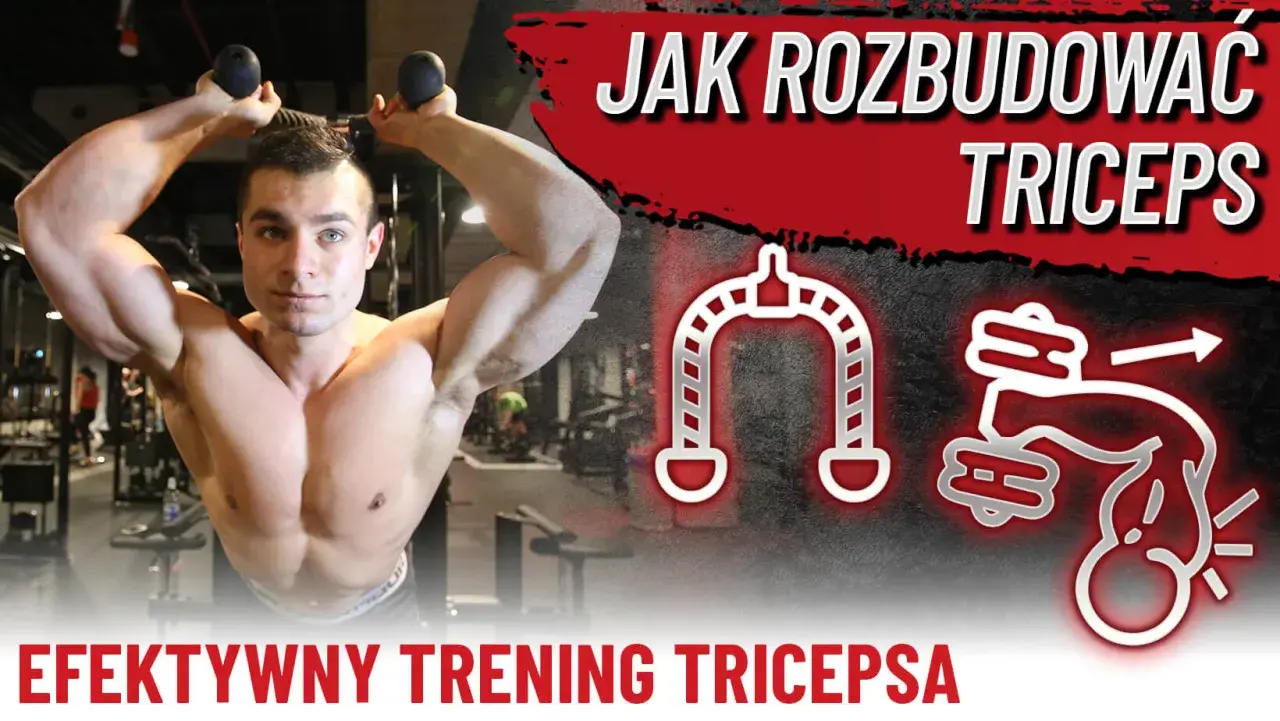 Mężczyzna ćwiczy triceps na siłowni, wykonując ćwiczenie z linką wyciągu. Grafiki ilustrują budowanie masy mięśniowej.