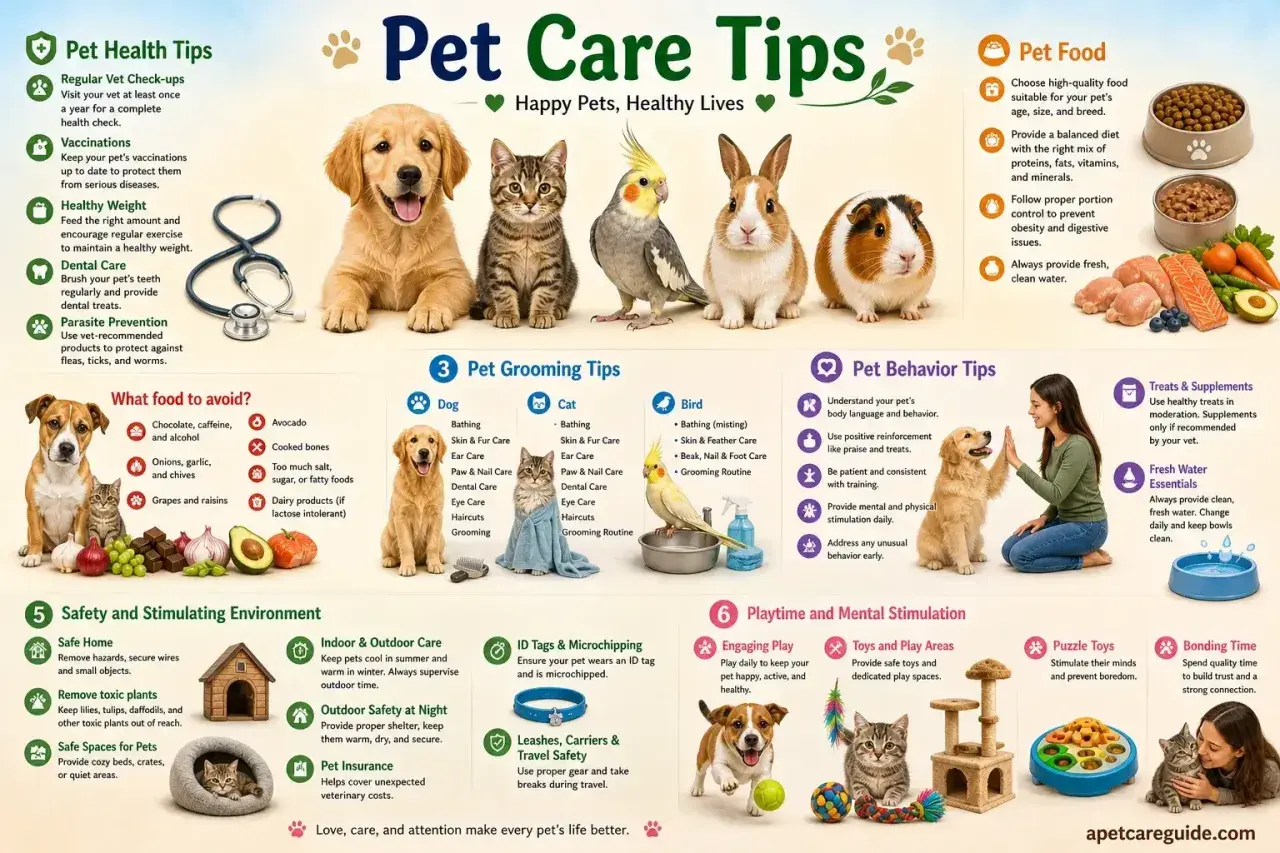 Learn how to take care of a dog with these comprehensive pet care tips covering health, grooming, behavior, food, safety, and playtime.