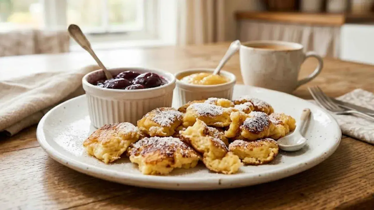 Köstlicher Kaiserschmarrn, bestäubt mit Puderzucker, serviert mit Apfelmus und Zwetschgenröster. Perfekt für süße Schmarrn Rezepte.