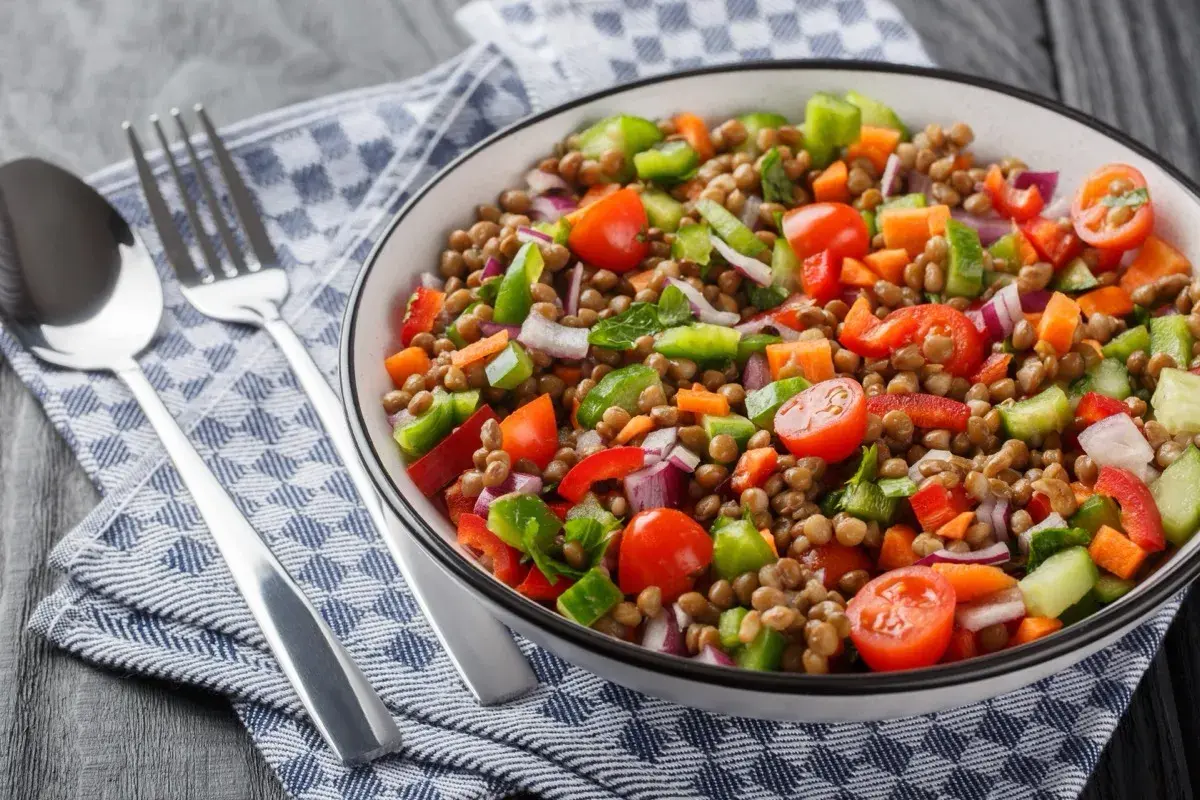 Un'insalata di lenticchie colorata e fresca, con pomodorini, peperoni, cipolla rossa e carote. Servita in una ciotola bianca, accanto a posate d'argento su un tovagliolo a quadri blu.